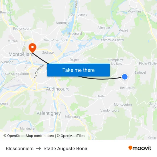 Blessonniers to Stade Auguste Bonal map