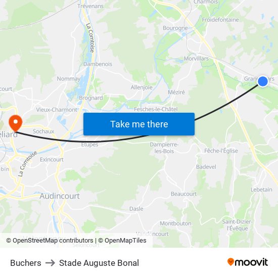Buchers to Stade Auguste Bonal map