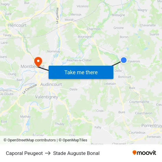Caporal Peugeot to Stade Auguste Bonal map