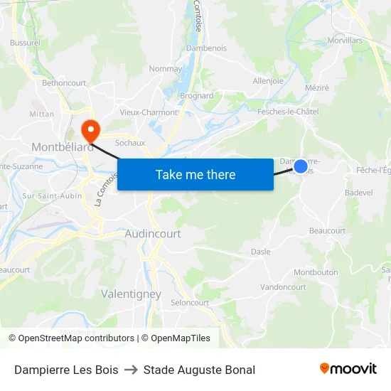 Dampierre Les Bois to Stade Auguste Bonal map