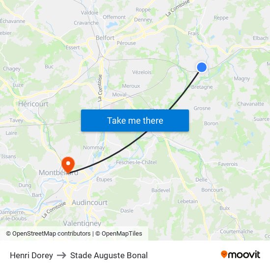 Henri Dorey to Stade Auguste Bonal map