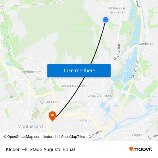 Kléber to Stade Auguste Bonal map
