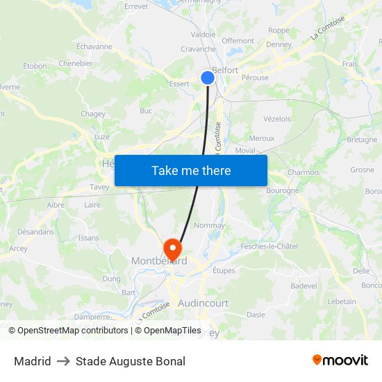 Madrid to Stade Auguste Bonal map