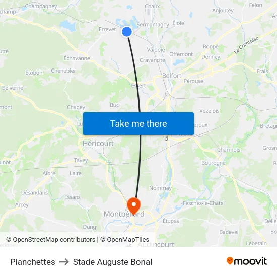 Planchettes to Stade Auguste Bonal map