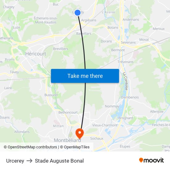 Urcerey to Stade Auguste Bonal map