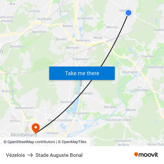 Vézelois to Stade Auguste Bonal map