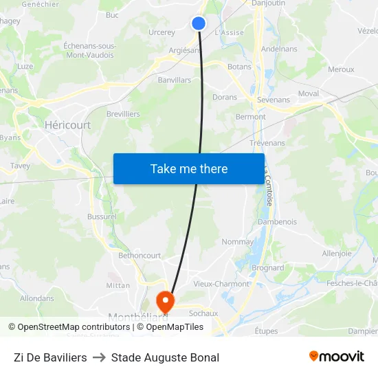 Zi De Baviliers to Stade Auguste Bonal map