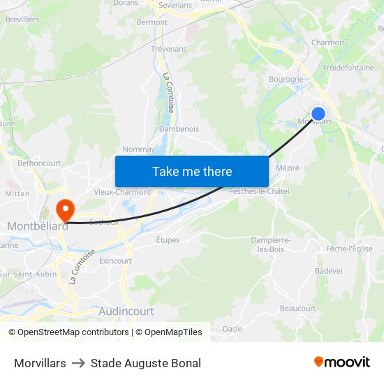 Morvillars to Stade Auguste Bonal map