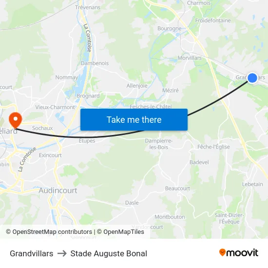 Grandvillars to Stade Auguste Bonal map