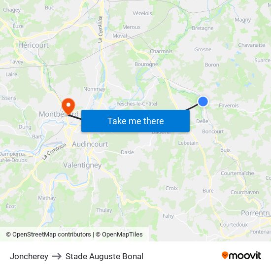 Joncherey to Stade Auguste Bonal map