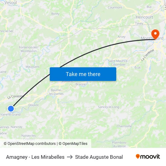 Amagney - Les Mirabelles to Stade Auguste Bonal map