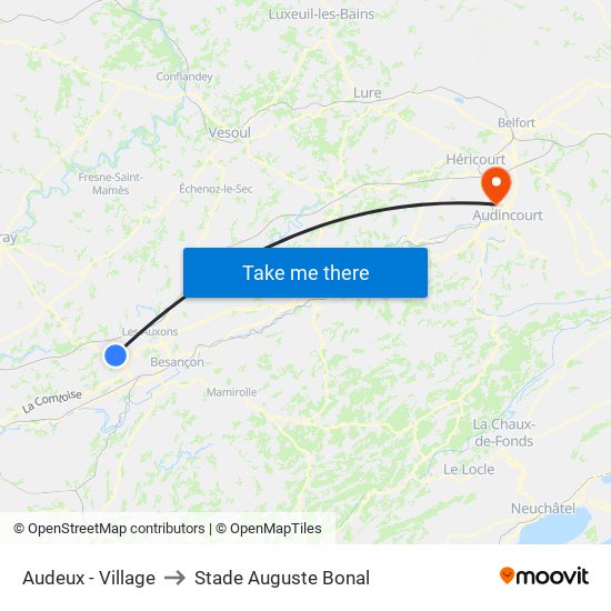 Audeux - Village to Stade Auguste Bonal map