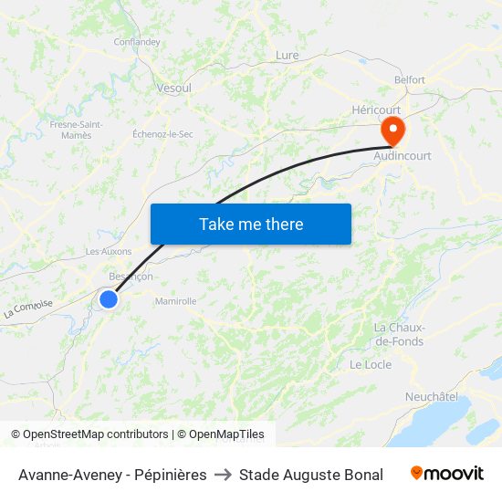 Avanne-Aveney - Pépinières to Stade Auguste Bonal map