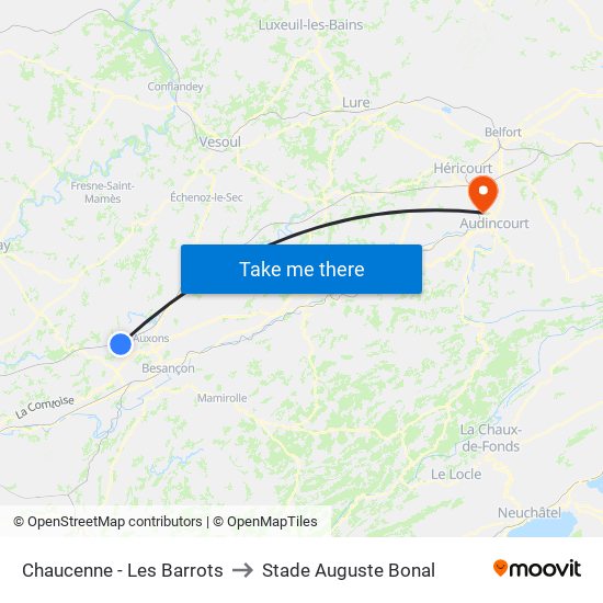 Chaucenne - Les Barrots to Stade Auguste Bonal map
