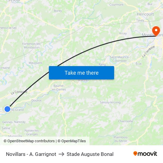 Novillars - A. Garrignot to Stade Auguste Bonal map