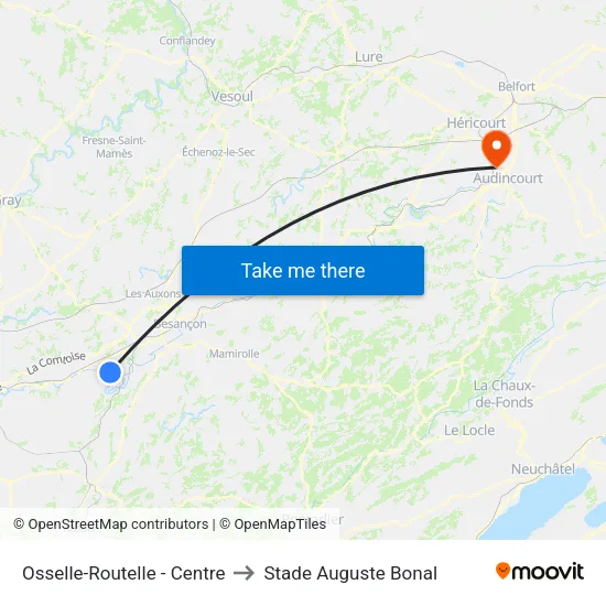 Osselle-Routelle - Centre to Stade Auguste Bonal map