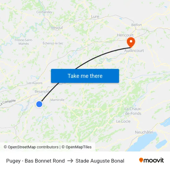Pugey - Bas Bonnet Rond to Stade Auguste Bonal map