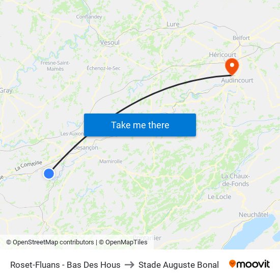 Roset-Fluans - Bas Des Hous to Stade Auguste Bonal map