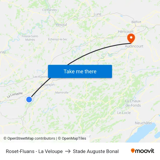 Roset-Fluans - La Veloupe to Stade Auguste Bonal map