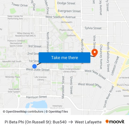 Pi Beta Phi (On Russell St): Bus540 to West Lafayette map