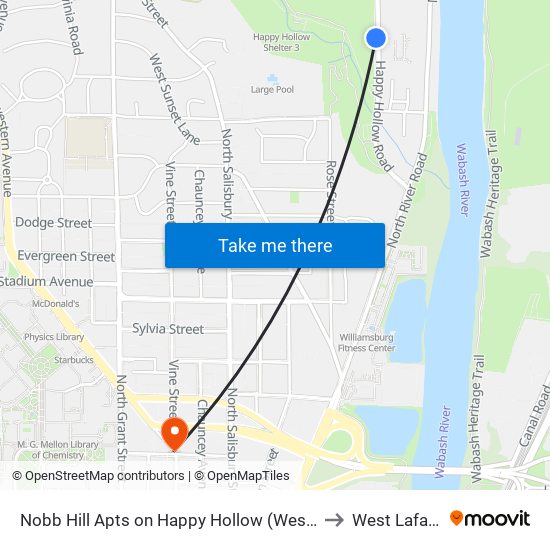 Nobb Hill Apts on Happy Hollow (West): Bus123w to West Lafayette map