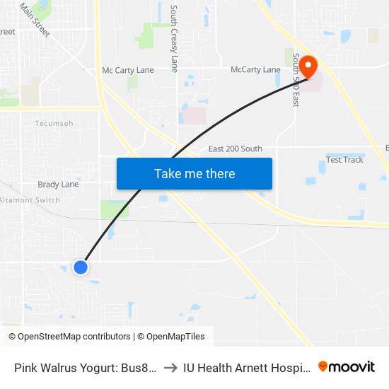 Pink Walrus Yogurt: Bus892 to IU Health Arnett Hospital map