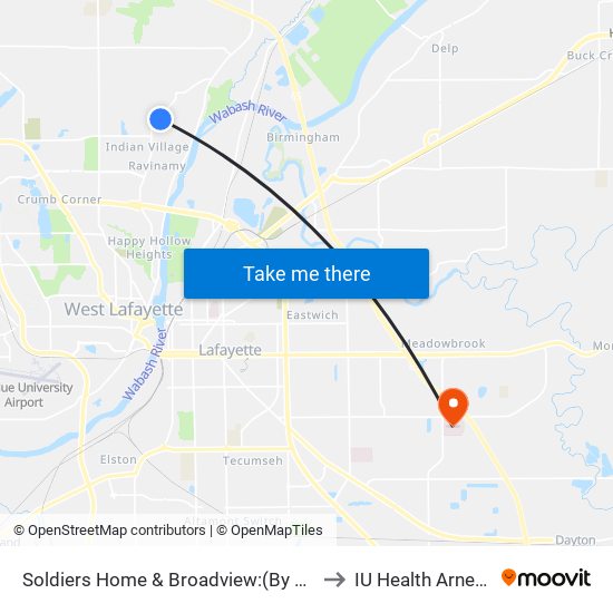 Soldiers Home & Broadview:(By Request): Bus927nw to IU Health Arnett Hospital map
