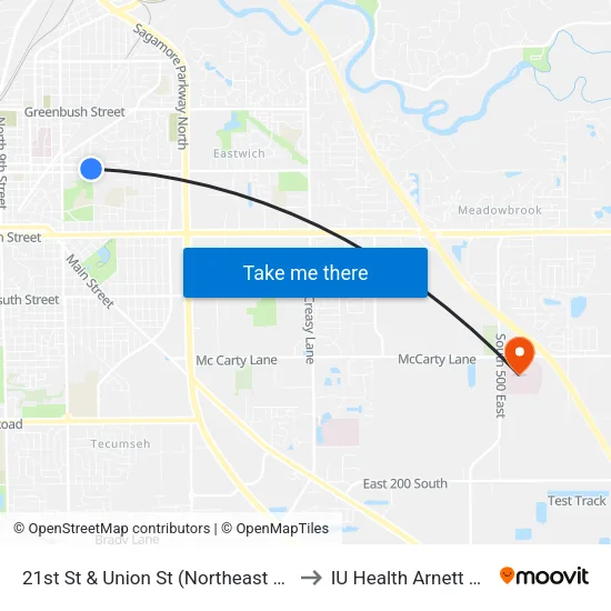 21st St & Union St (Northeast Of): Bus848 to IU Health Arnett Hospital map