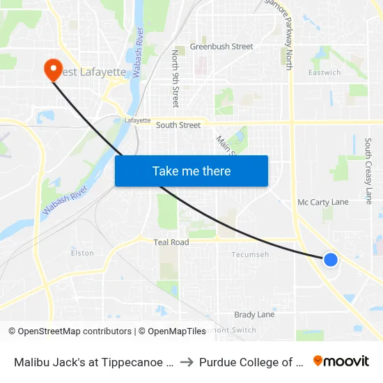 Malibu Jack's at Tippecanoe Mall: Bus676 to Purdue College of Education map