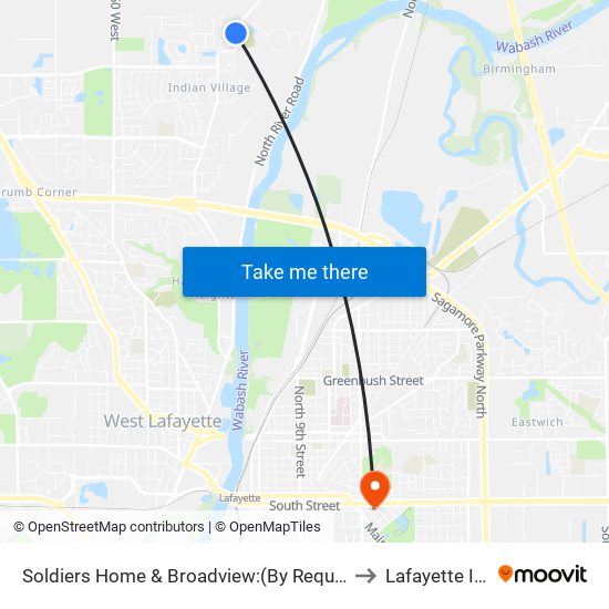 Soldiers Home & Broadview:(By Request): Bus927nw to Lafayette IN USA map