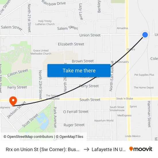 Rrx on Union St (Sw Corner): Bus971 to Lafayette IN USA map