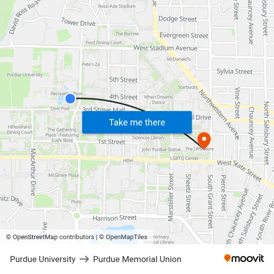 Purdue University to Purdue Memorial Union map