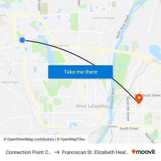 Connection Point Church: Bus225 to Franciscan St. Elizabeth Health - Lafayette Central map