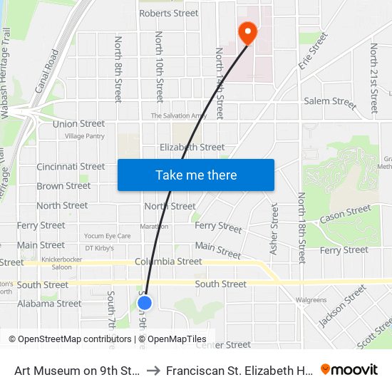 Art Museum on 9th St (East Side): Bus502 to Franciscan St. Elizabeth Health - Lafayette Central map