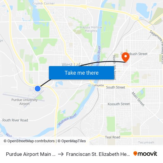 Purdue Airport Main Terminal: Bus415 to Franciscan St. Elizabeth Health - Lafayette Central map