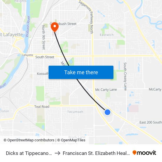 Dicks at Tippecanoe Mall: Bus673 to Franciscan St. Elizabeth Health - Lafayette Central map