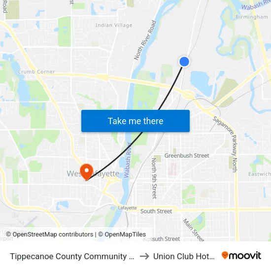 Tippecanoe County Community Corrections: Bus127 to Union Club Hotel Suite 128 map