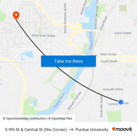 S 9th St & Central St (Nw Corner) to Purdue University map