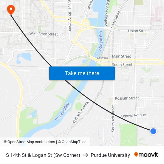 S 14th St & Logan St (Sw Corner) to Purdue University map