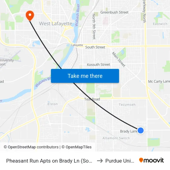 Pheasant Run Apts on Brady Ln (South): Bus301s to Purdue University map
