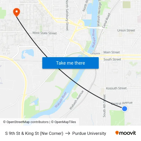 S 9th St & King St (Nw Corner) to Purdue University map