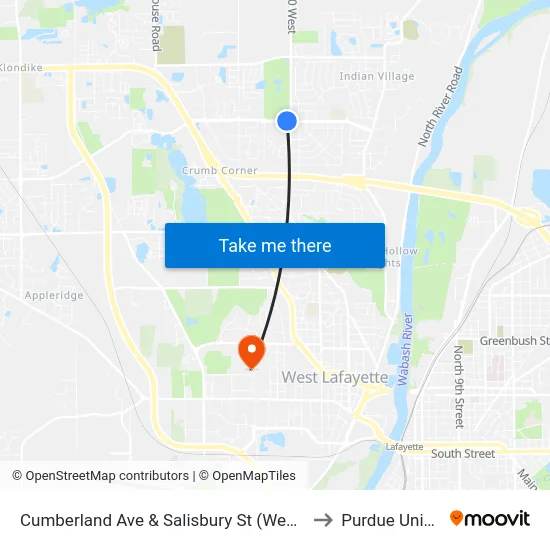 Cumberland Ave & Salisbury St (West Of):  Bus418 to Purdue University map
