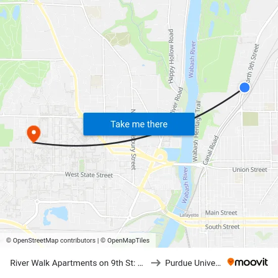 River Walk Apartments on 9th St: Bus152 to Purdue University map