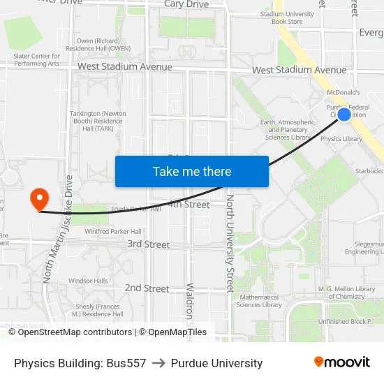 Physics Building: Bus557 to Purdue University map