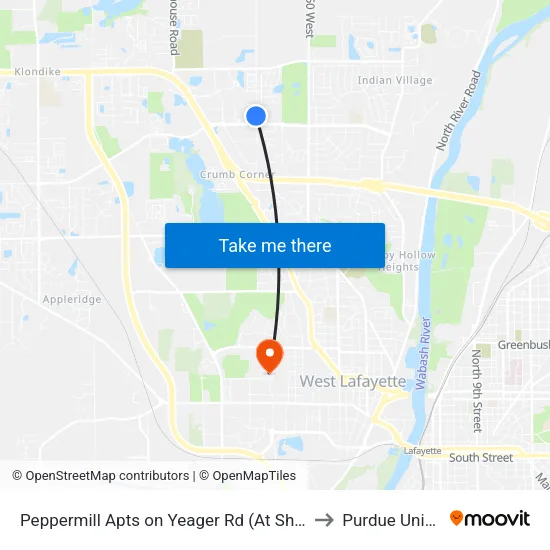 Peppermill Apts on Yeager Rd (At Shelter): Bus129 to Purdue University map