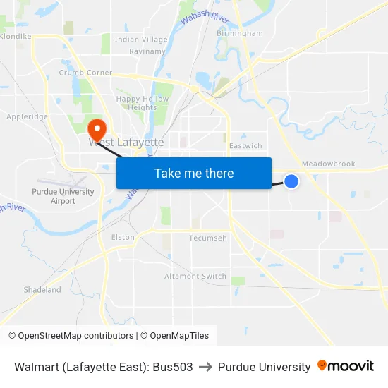 Walmart (Lafayette East): Bus503 to Purdue University map