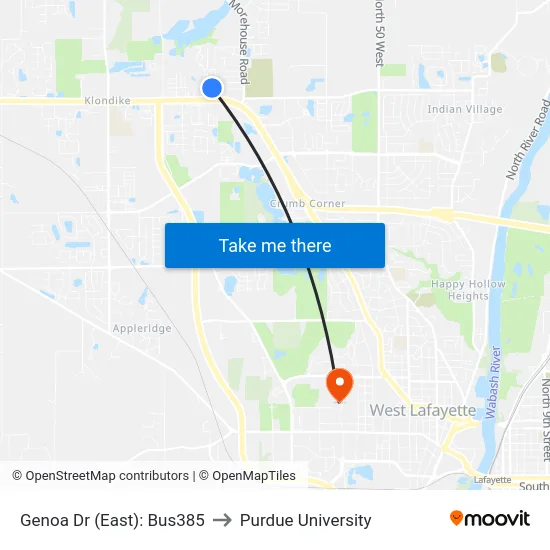 Genoa Dr (East): Bus385 to Purdue University map