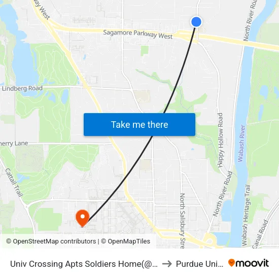 Univ Crossing Apts Soldiers Home(@Shelter): Bus144 to Purdue University map