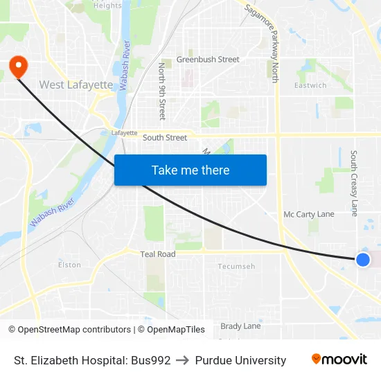 St. Elizabeth Hospital: Bus992 to Purdue University map