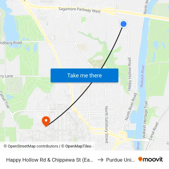 Happy Hollow Rd & Chippewa St (East Side): Bus361 to Purdue University map